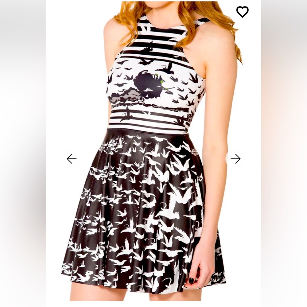 BlackMilk Black and White Bird Print Halter Skater Dress